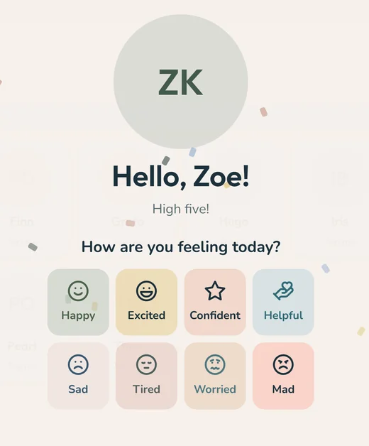 A child's check-in screen asking how are you feeling today, with Happy, Excited, Confident, Helpful, Sad, Tired, Worried and Mad