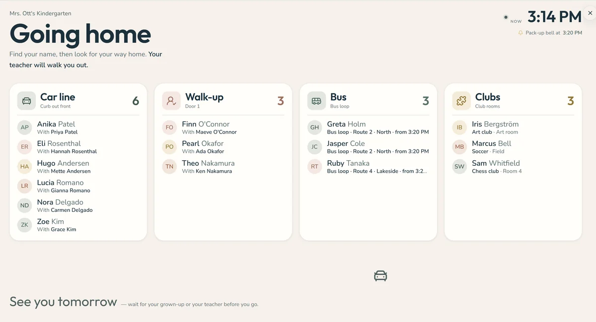 The Going home board: children grouped by car line, walk-up, bus and clubs, with who is picking each child up